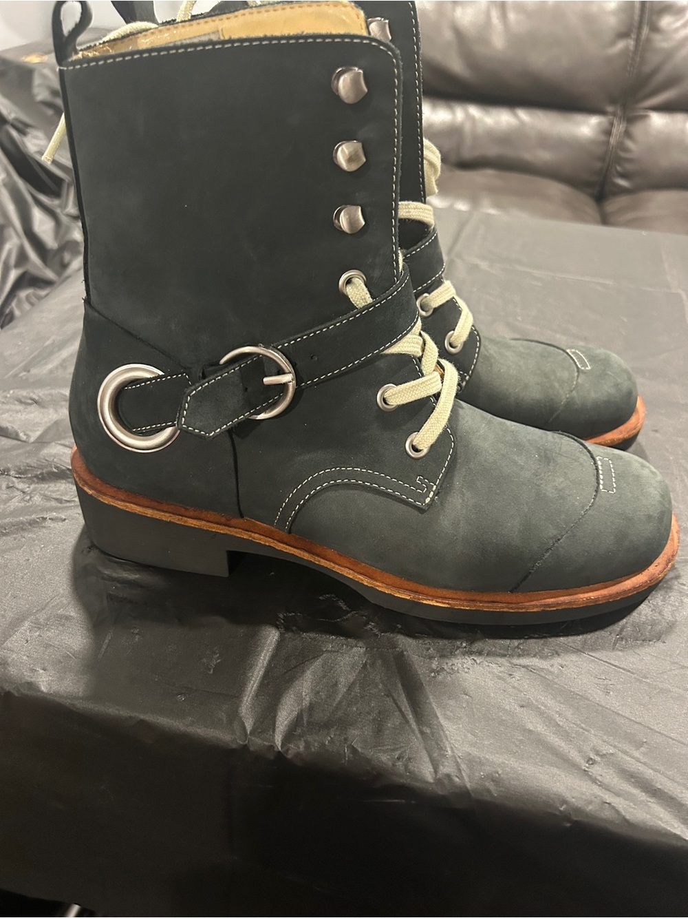 Anne Klein Sport Gray Lace-Up Leather Boots with Contrast Brown Sole